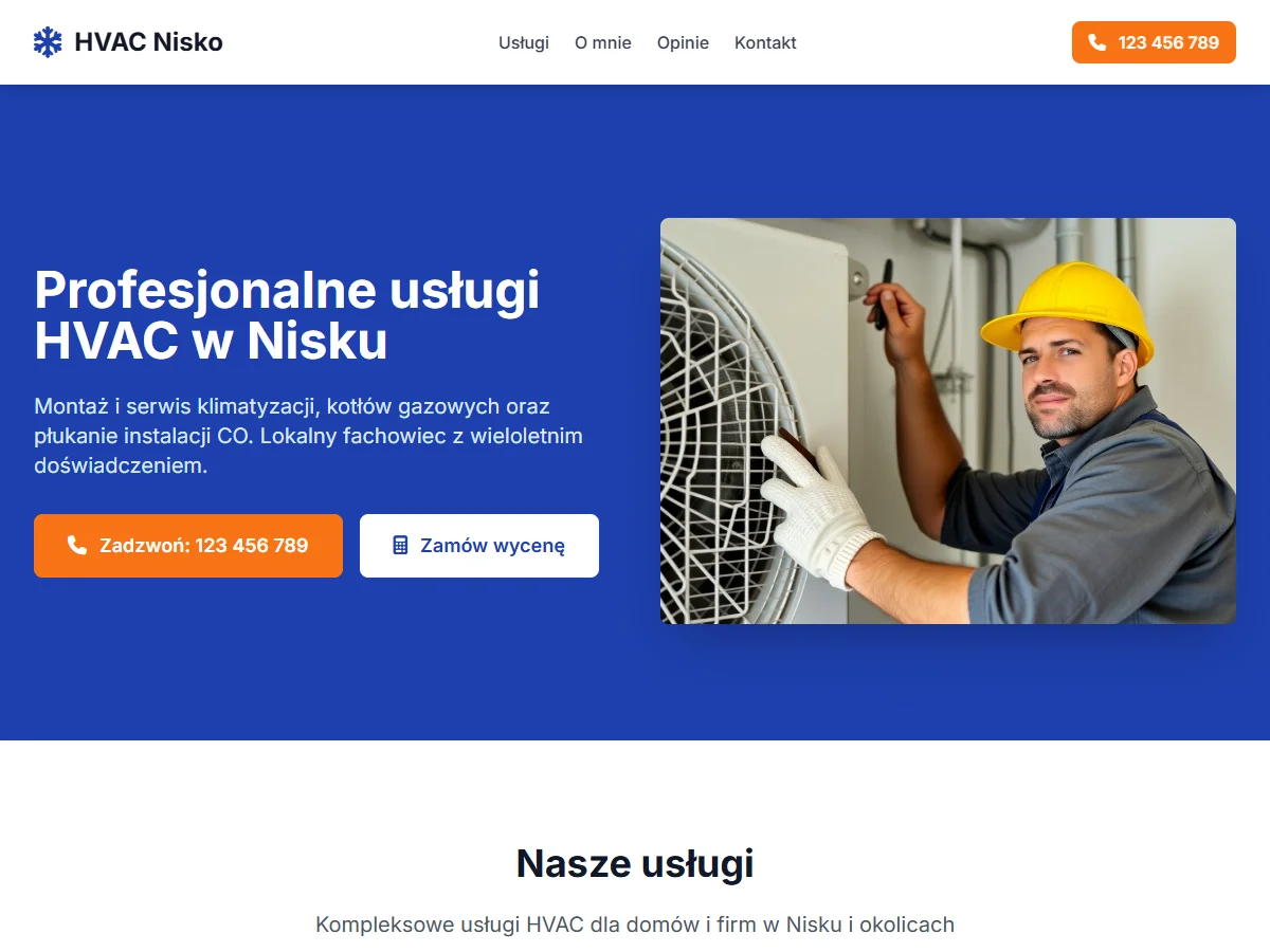 Wariant Klasyczny strony głównej dla lokalnej firmy HVAC z Niska