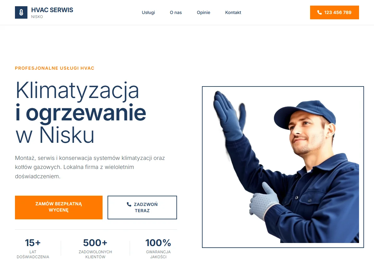 Wariant Prestiżowy strony głównej dla lokalnej firmy HVAC z Niska