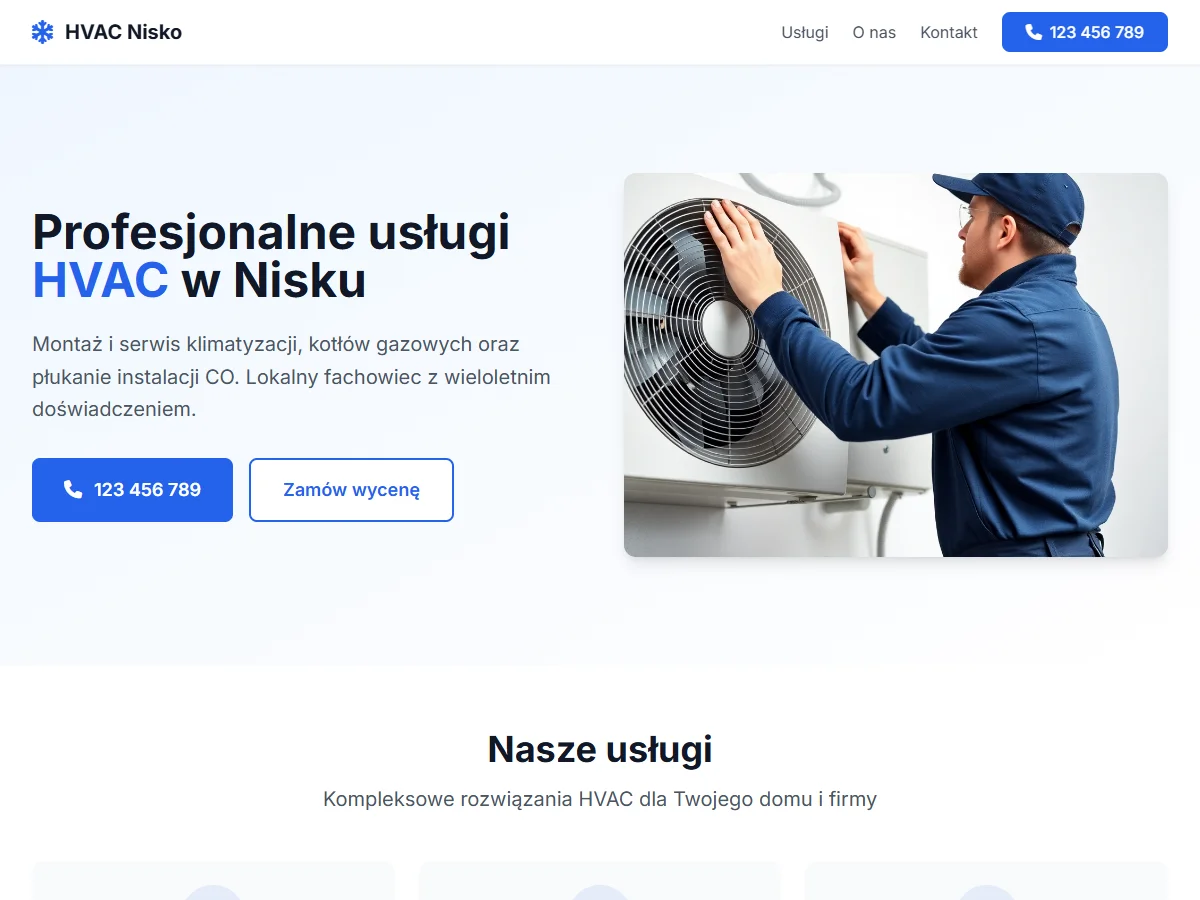 Wariant Skandynawski strony głównej dla lokalnej firmy HVAC z Niska